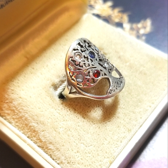 Vintage Tree of Life Multi Sapphire Sterling Ring - Picture 2 of 8